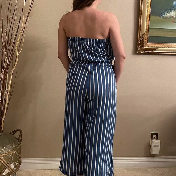 Blue, White Striped Strapless Jumpsuit - Picture 2 of 2